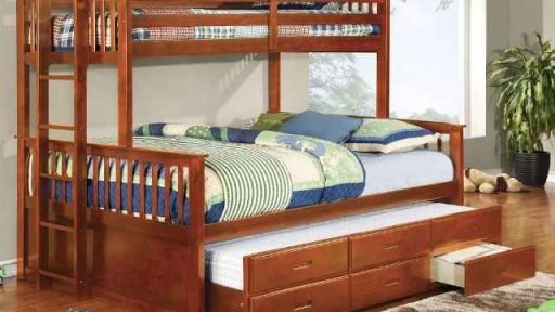“Dingwall Devyn” Twin XL over Queen Bunk Bed with Trundle – Espresso and Oak