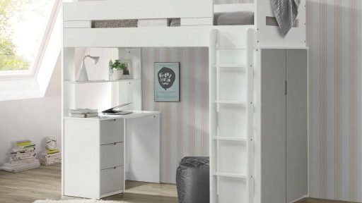 White Twin loft bunk bed with desk, stairs- kidsroom.vip
