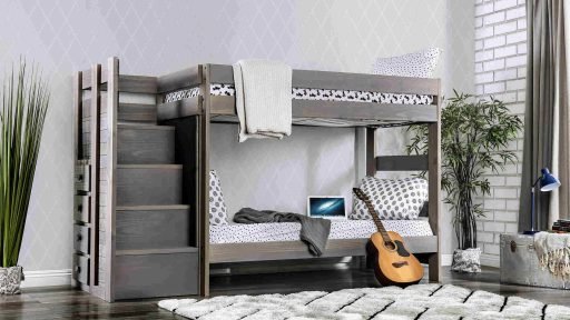 “Kensington Tractor” Farmhouse Grey Twin/Twin Bunk Bed with Staircase