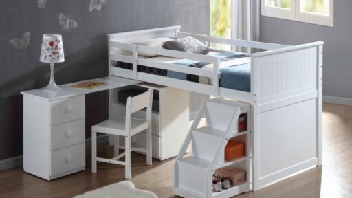 White Junior Loft Bed with study desk- kidsroom.vip