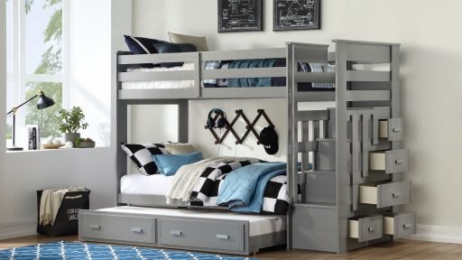 “Famous Squirrel” Gray Twin over Twin Bunk Bed w/ Staircase Storage and Trundle