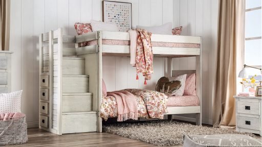 “Kensington Tractor” Farmhouse White Twin over Twin Bunk Bed with Staircase Storage